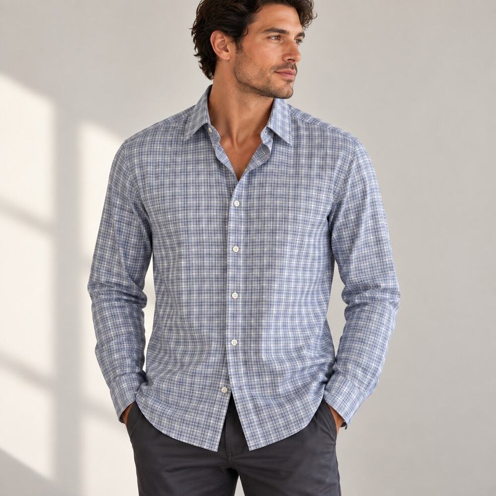 Theory Mens Blue Plaid Flannel Button Down Shirt Size Small Office Business